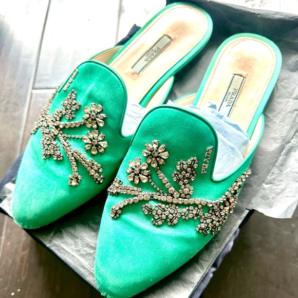 Prada Satin Green Slides Loafers Mules with crystals sz 39 US 9 - Picture 10 of 14
